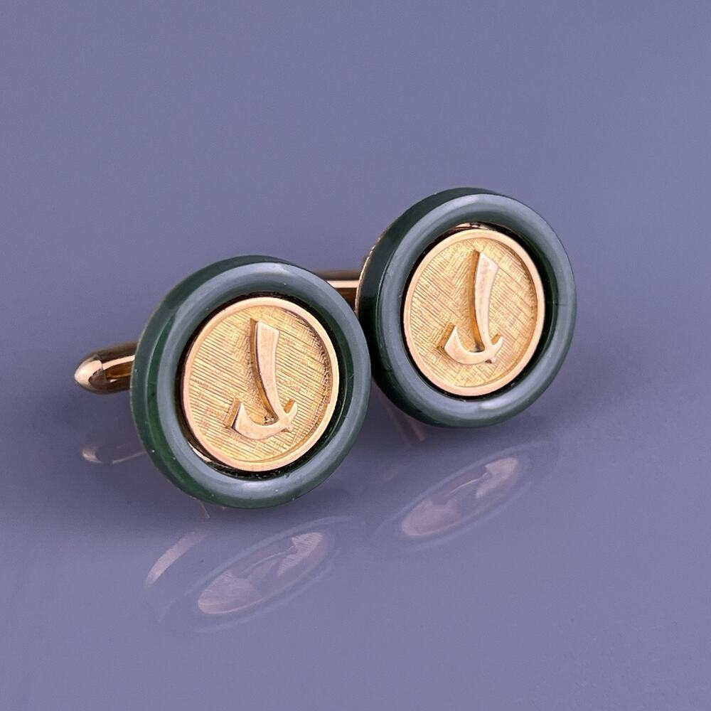 J Initial Green Cufflinks Gold Tone Asian Inspired Font Monogram Round Vintage